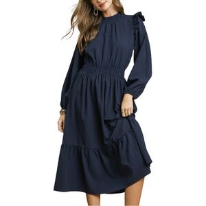 NEW Umgee Textured Midi Dress with Ruffle Shoulder Detail Navy Classic Preppy